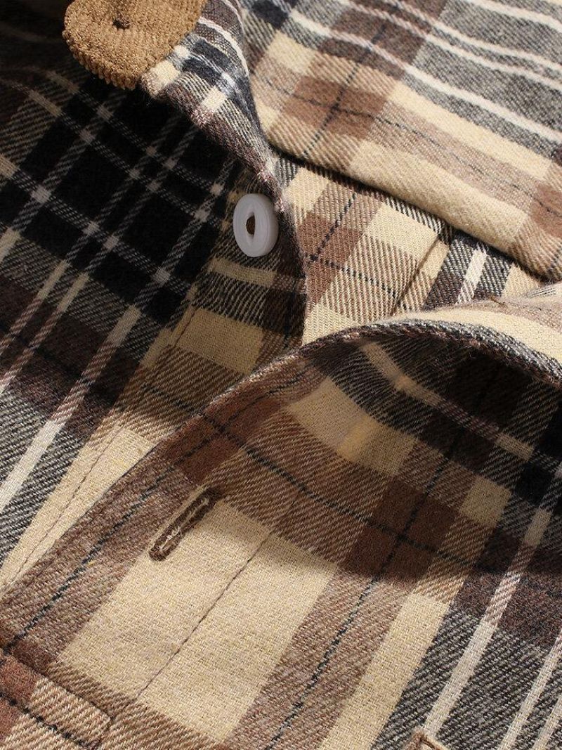 Mænds Vintage Plaid Casual Fit Bomuld Langærmede Henley Skjorter Med Lomme