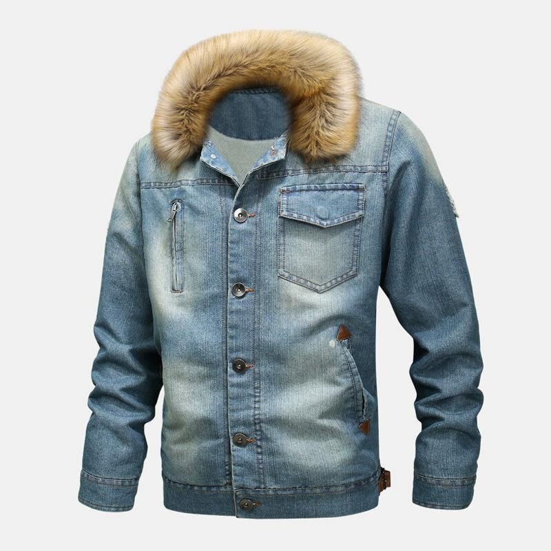 Herremode 100 % Bomuldslommer Denim Fleece Fortykket Standkrave Afslappet Jakke