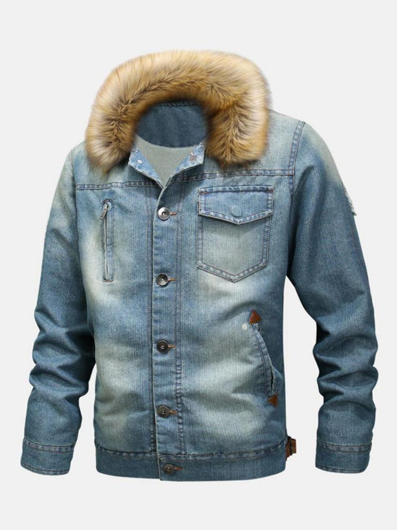 Herremode 100 % Bomuldslommer Denim Fleece Fortykket Standkrave Afslappet Jakke