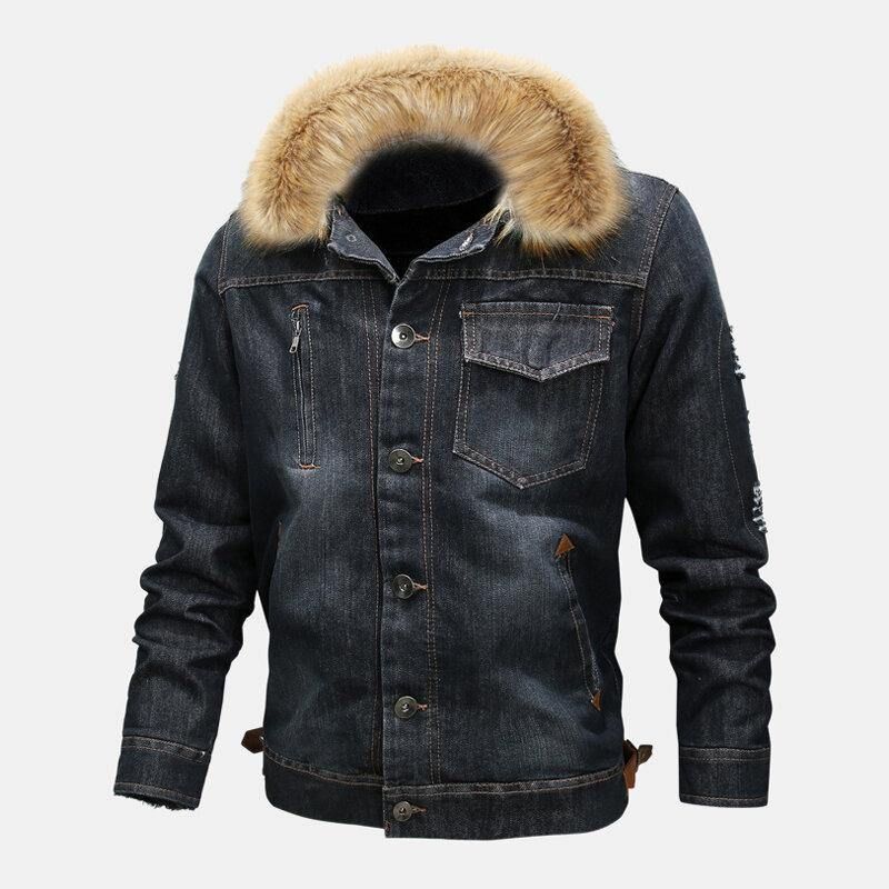 Herremode 100 % Bomuldslommer Denim Fleece Fortykket Standkrave Afslappet Jakke