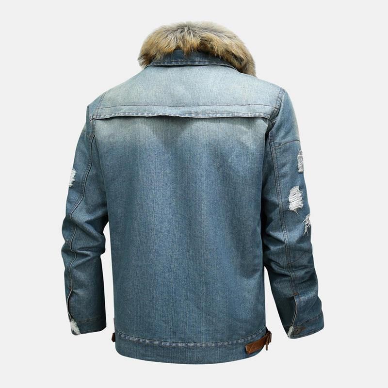 Herremode 100 % Bomuldslommer Denim Fleece Fortykket Standkrave Afslappet Jakke