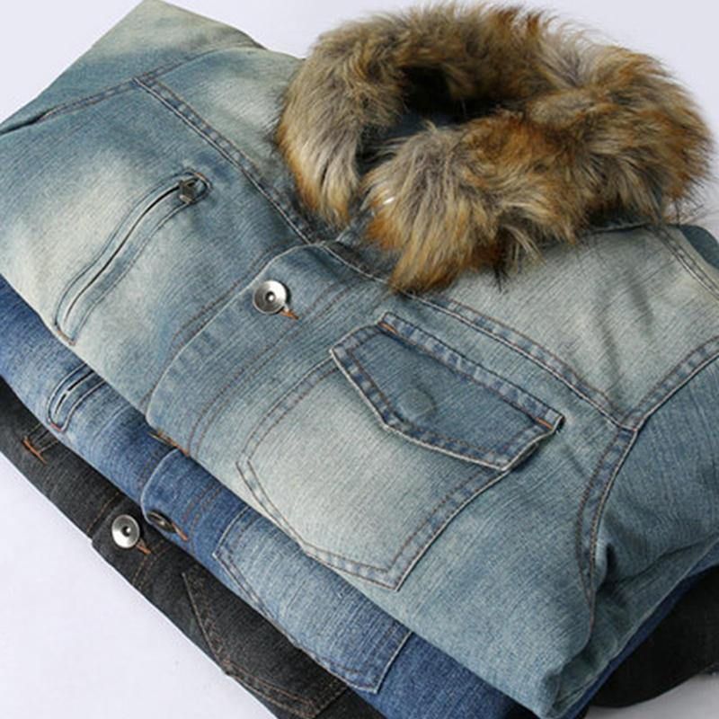 Herremode 100 % Bomuldslommer Denim Fleece Fortykket Standkrave Afslappet Jakke