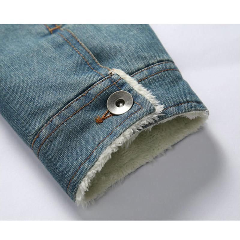 Herremode 100 % Bomuldslommer Denim Fleece Fortykket Standkrave Afslappet Jakke