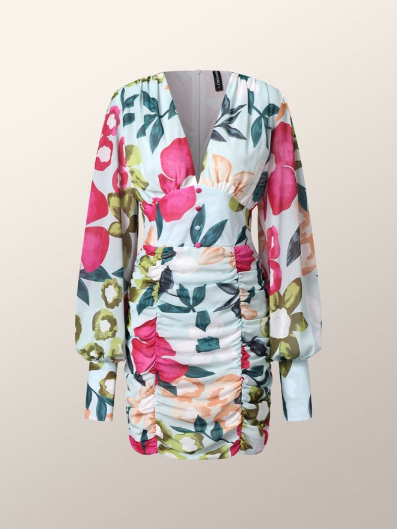 Floral Daily Lantern Sleeve Fit Elegant V-Hals Kjole