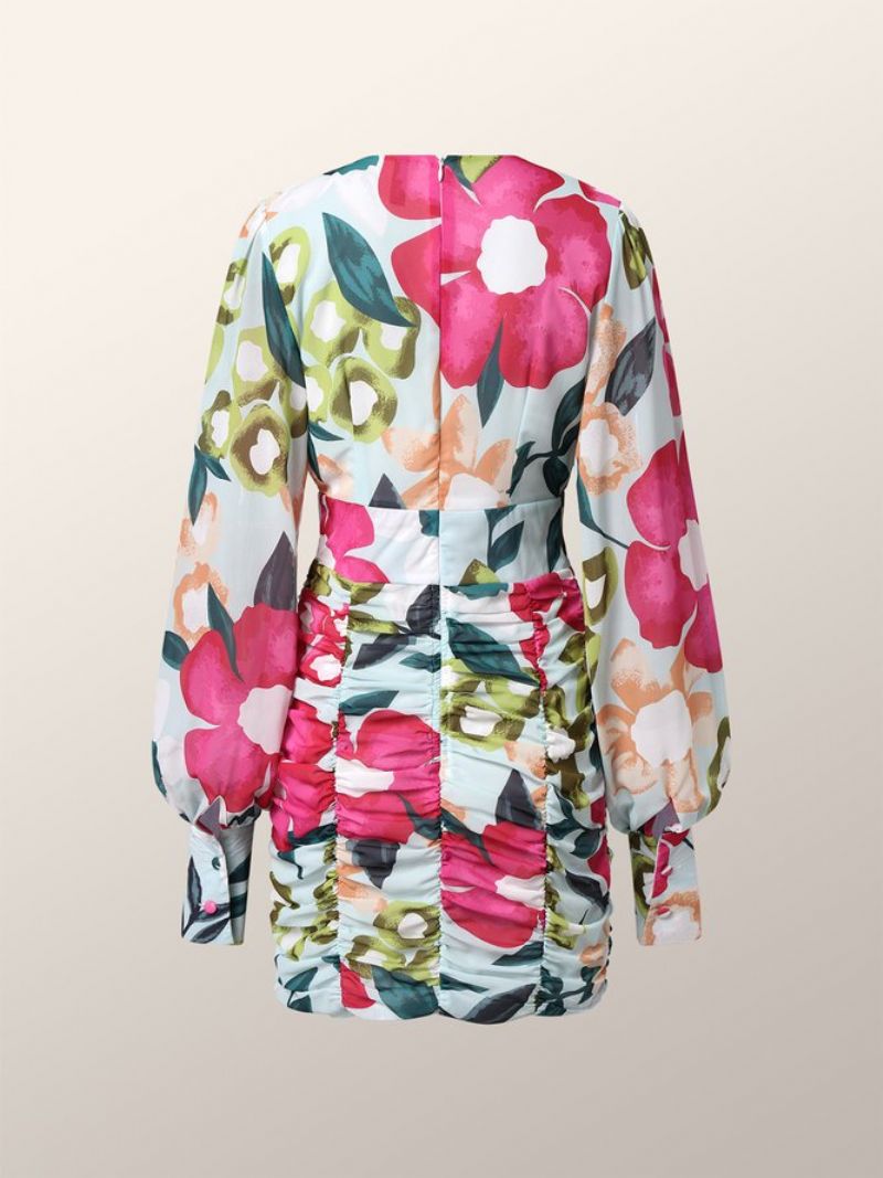 Floral Daily Lantern Sleeve Fit Elegant V-Hals Kjole