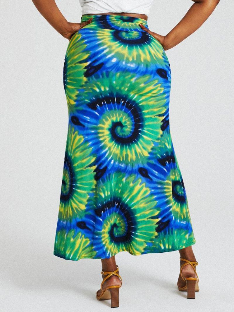 Bohemia Tie Dye Print Højtaljede Balder Bodycon Lang Nederdel