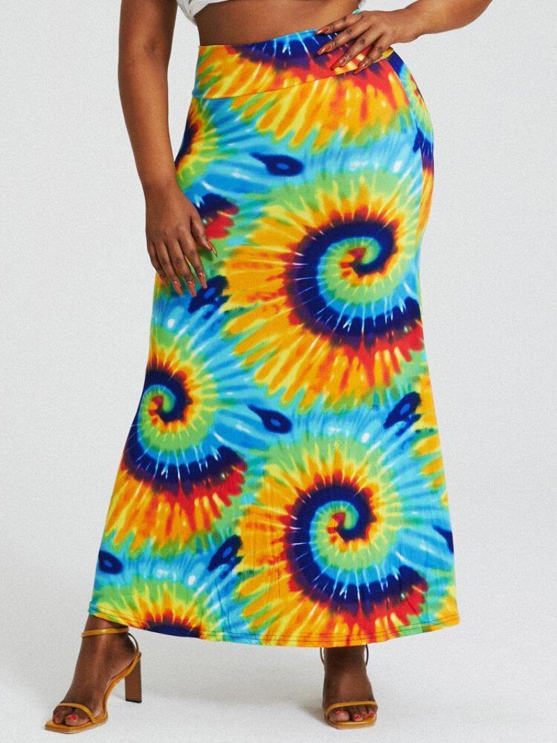 Bohemia Tie Dye Print Højtaljede Balder Bodycon Lang Nederdel