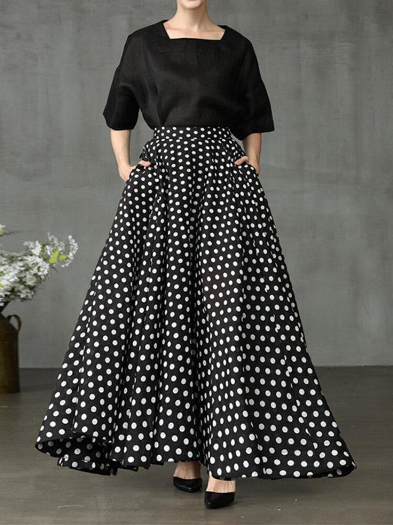 Kvinder Polka Dot Print Løse Store Swing Sidelommer Casual Lang Nederdel