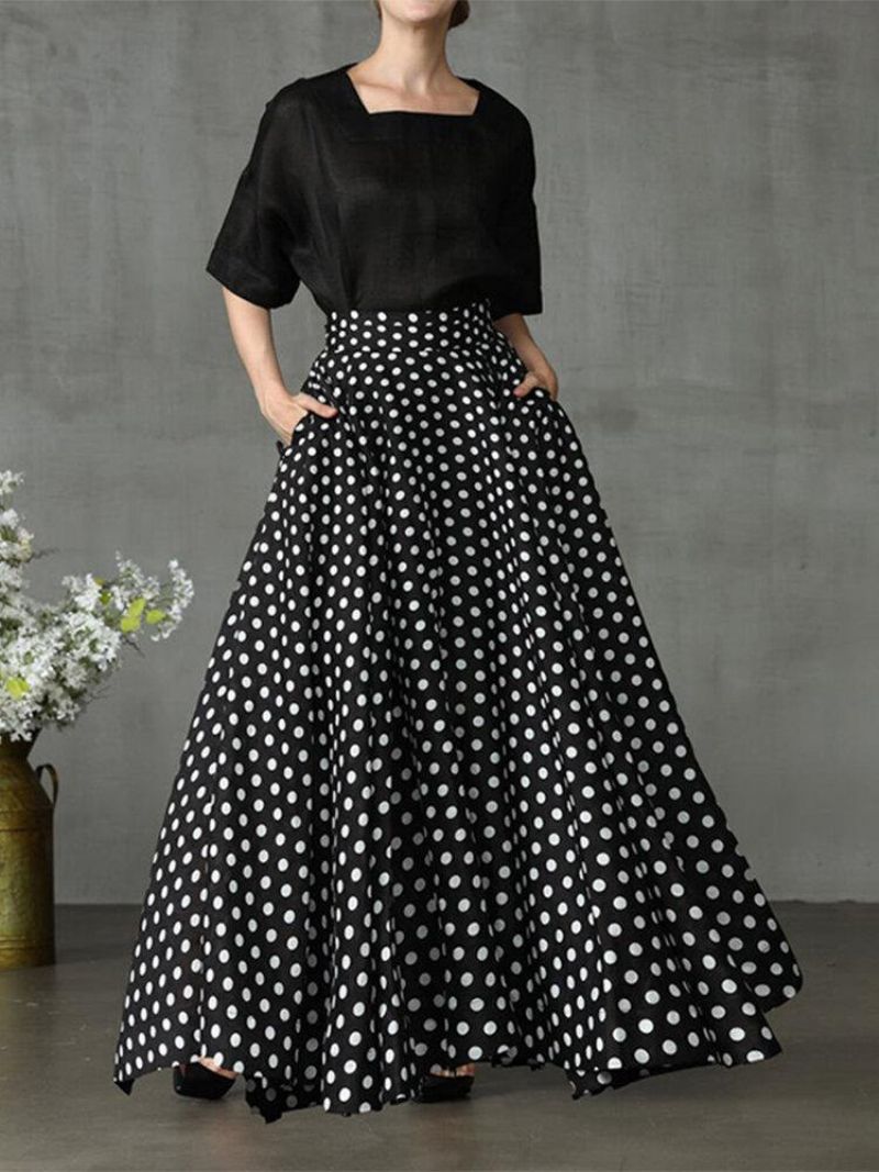 Kvinder Polka Dot Print Løse Store Swing Sidelommer Casual Lang Nederdel