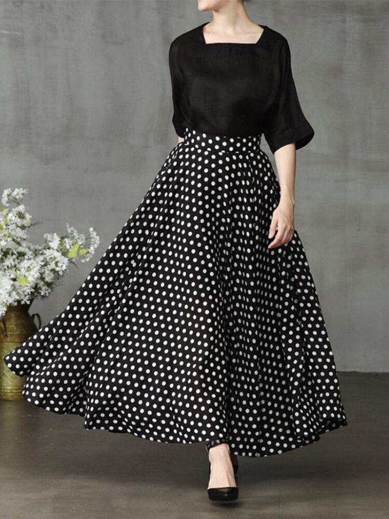 Kvinder Polka Dot Print Løse Store Swing Sidelommer Casual Lang Nederdel