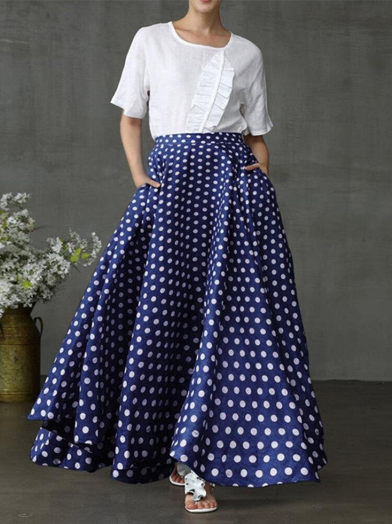 Kvinder Polka Dot Print Løse Store Swing Sidelommer Casual Lang Nederdel