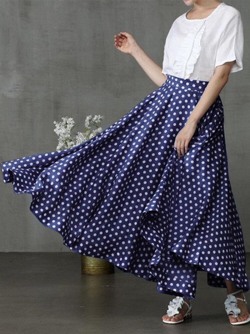 Kvinder Polka Dot Print Løse Store Swing Sidelommer Casual Lang Nederdel