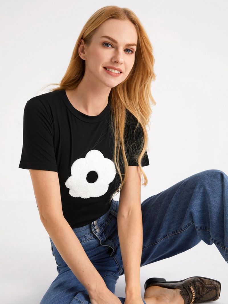 Simpel Blomstret Skinny Kortærmet T-Shirt Med Rund Hals