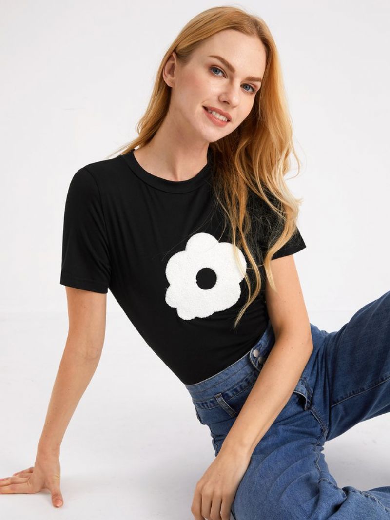 Simpel Blomstret Skinny Kortærmet T-Shirt Med Rund Hals