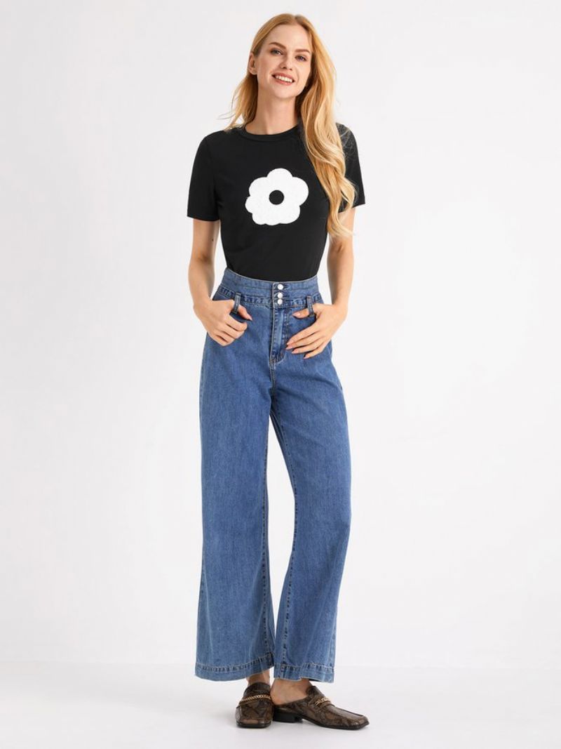 Simpel Blomstret Skinny Kortærmet T-Shirt Med Rund Hals