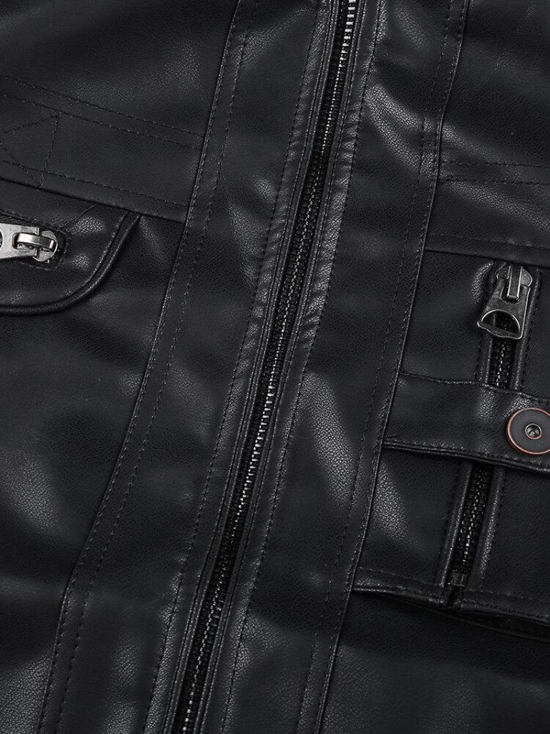 Mænds Pocket Zip-Up Pu Læder Sort Langærmet Motorcykeljakke