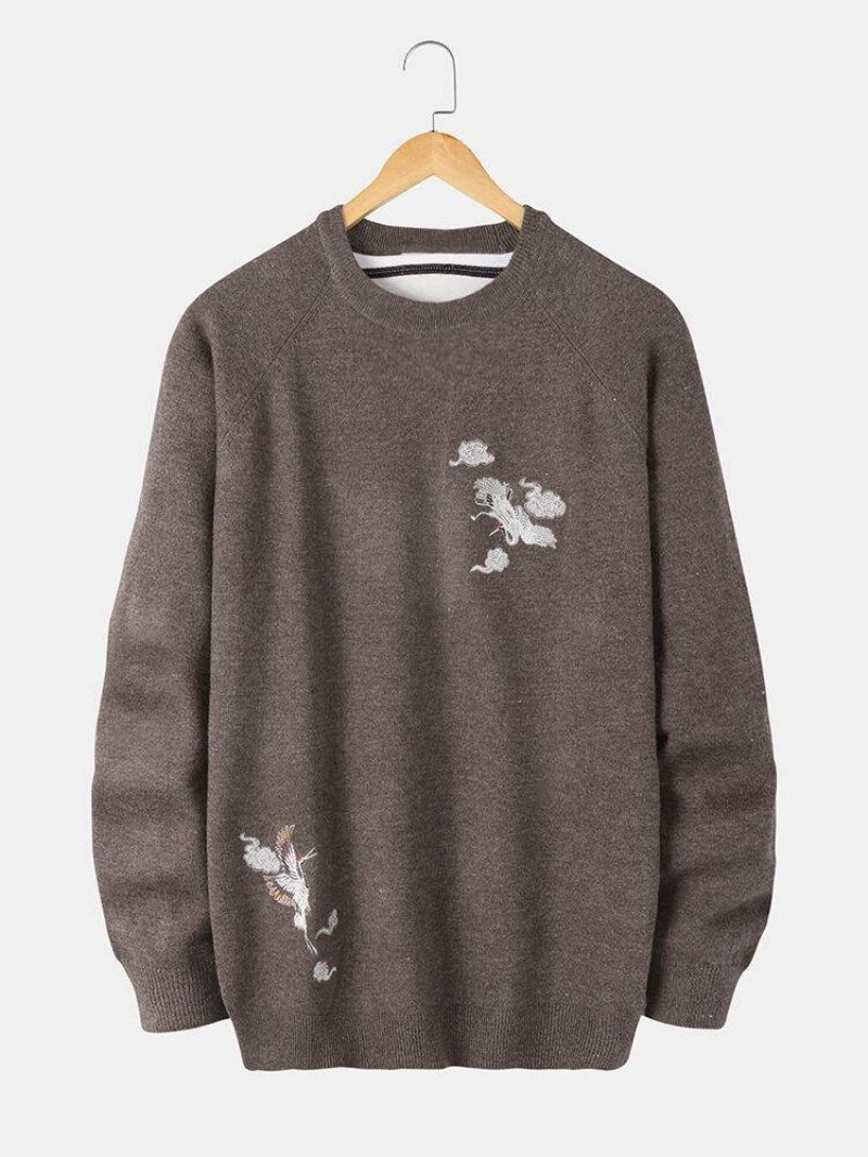 Herre Chinoiserie Crane Broderi Raglan Sleeve Varme Striktrøjer