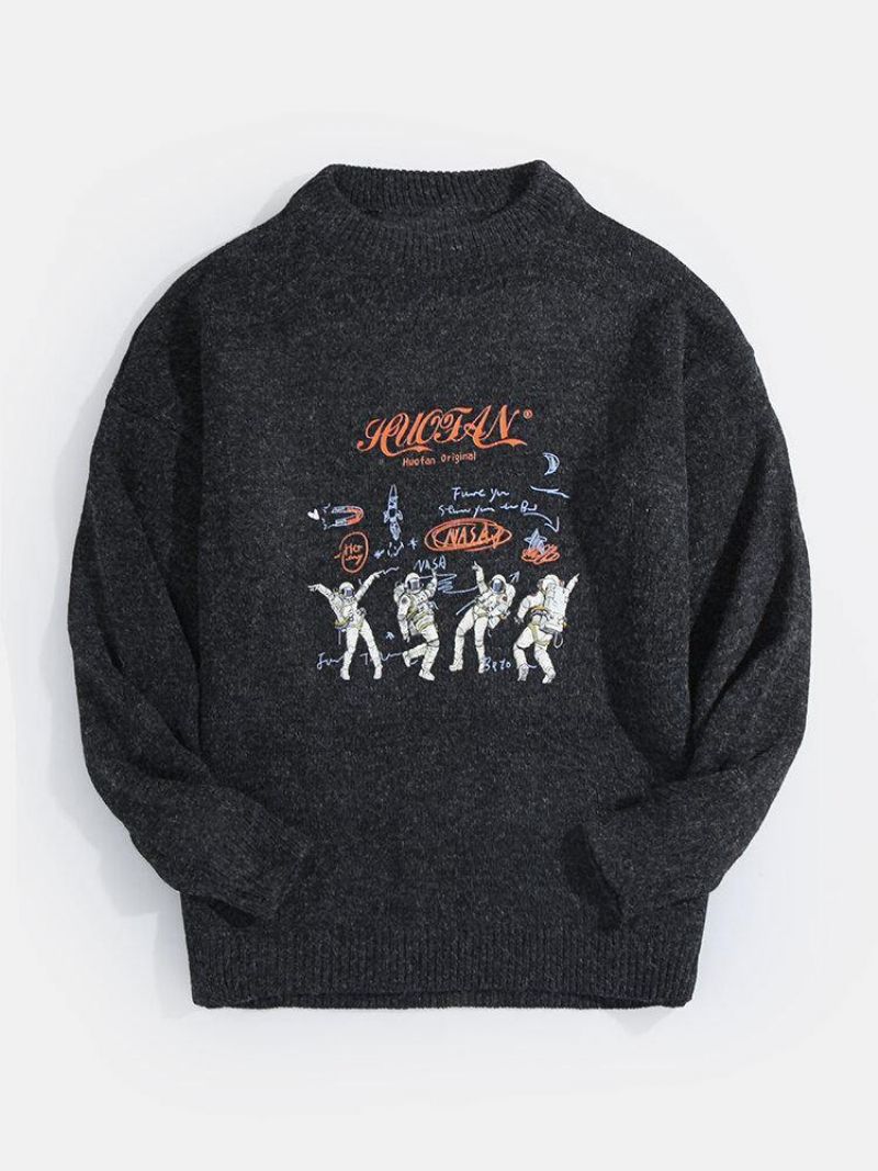 Mænds Astronaut Brev Print Rundhals Strik Casual Pullover Sweatere