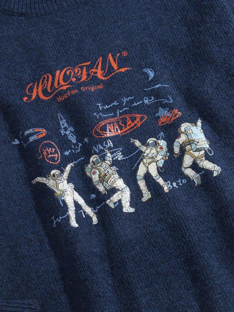 Mænds Astronaut Brev Print Rundhals Strik Casual Pullover Sweatere