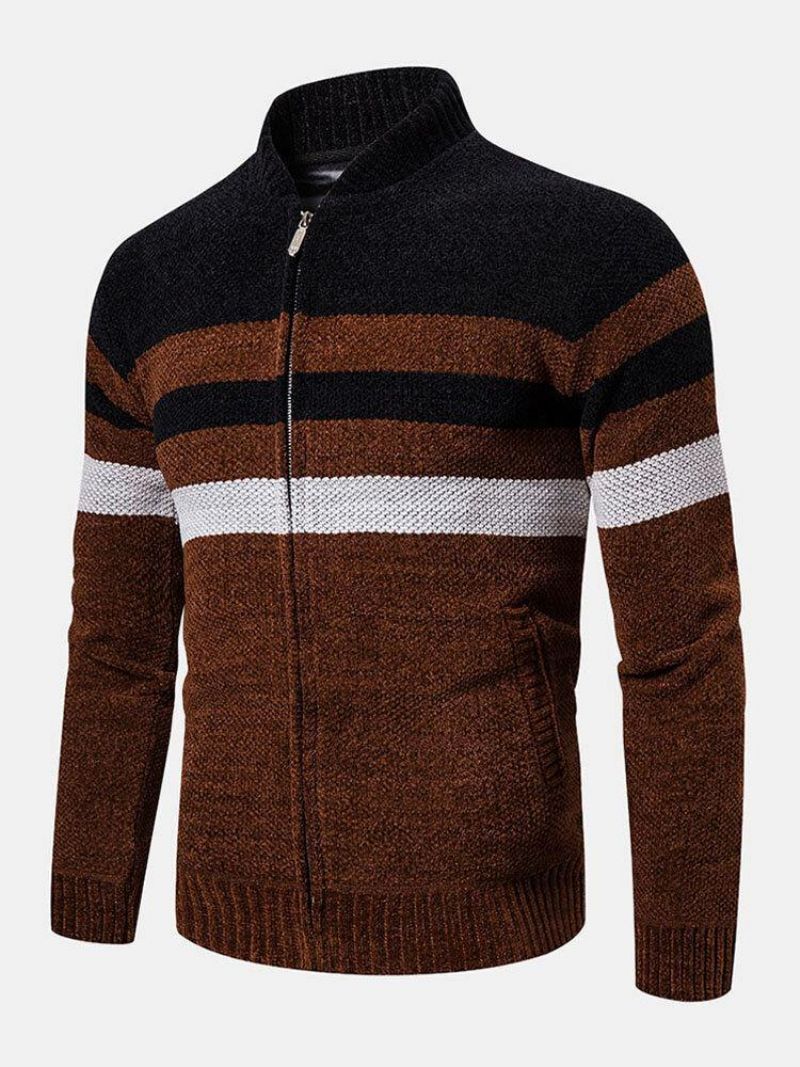 Mænds Colorblock Stribet Skrå Lomme Baseballkrave Langærmet Sweater Hættetrøjejakke