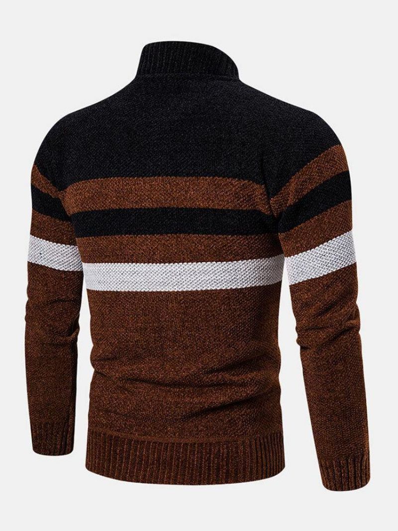 Mænds Colorblock Stribet Skrå Lomme Baseballkrave Langærmet Sweater Hættetrøjejakke