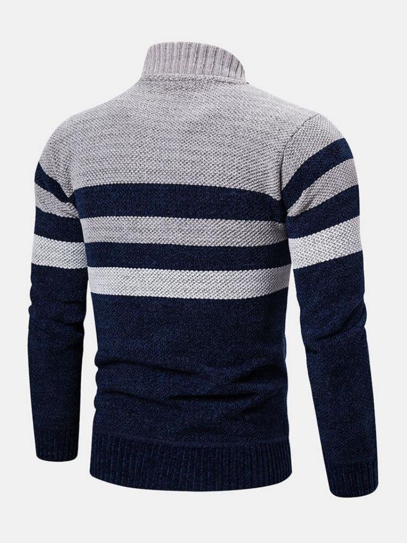 Mænds Colorblock Stribet Skrå Lomme Baseballkrave Langærmet Sweater Hættetrøjejakke