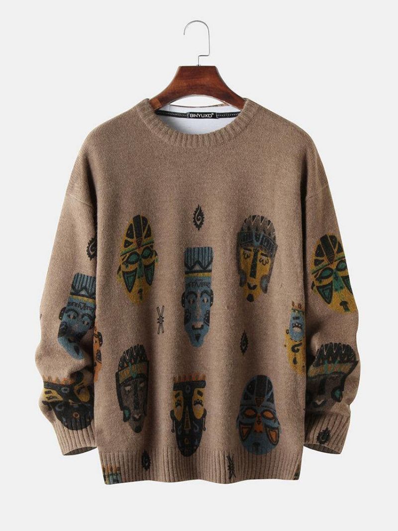 Mænds Etnisk Figurmønster Print Bomuld Med Rund Hals Strikket Afslappet Sweater