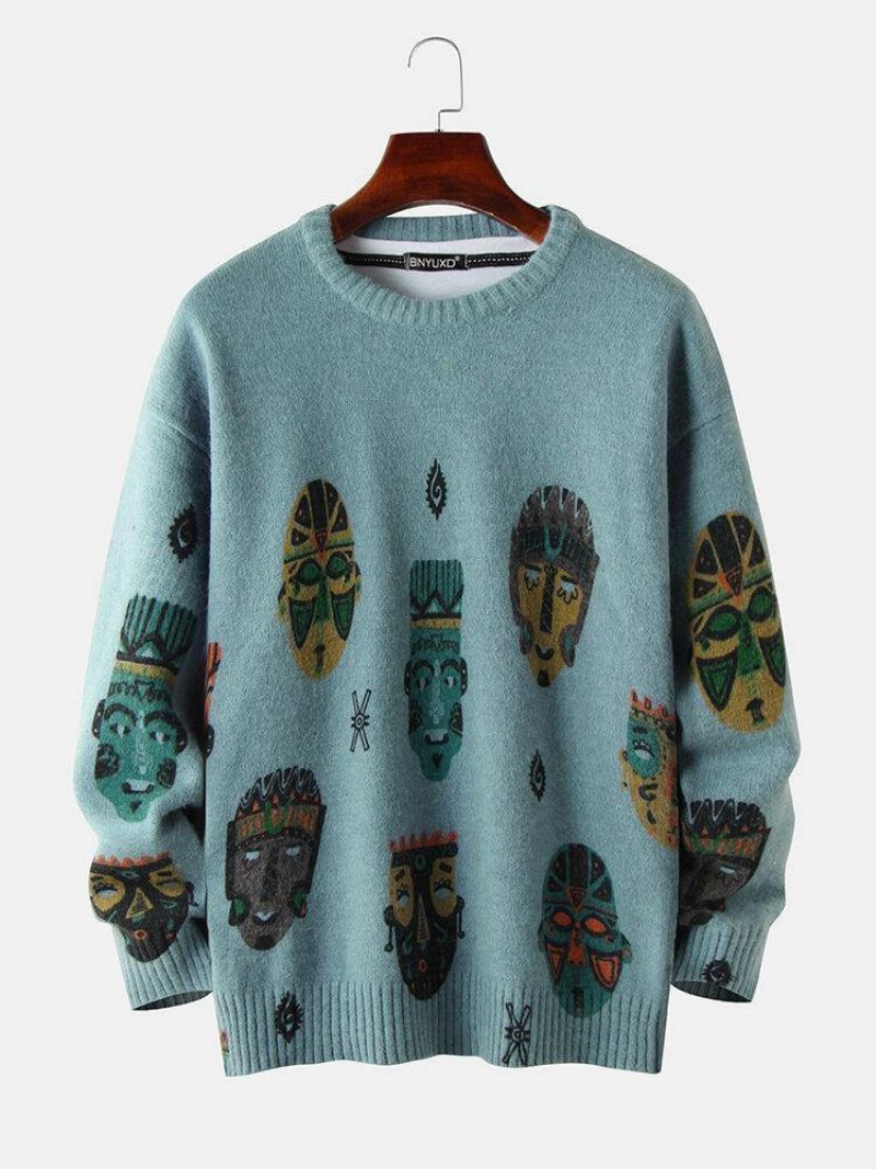 Mænds Etnisk Figurmønster Print Bomuld Med Rund Hals Strikket Afslappet Sweater