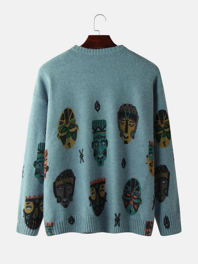 Mænds Etnisk Figurmønster Print Bomuld Med Rund Hals Strikket Afslappet Sweater