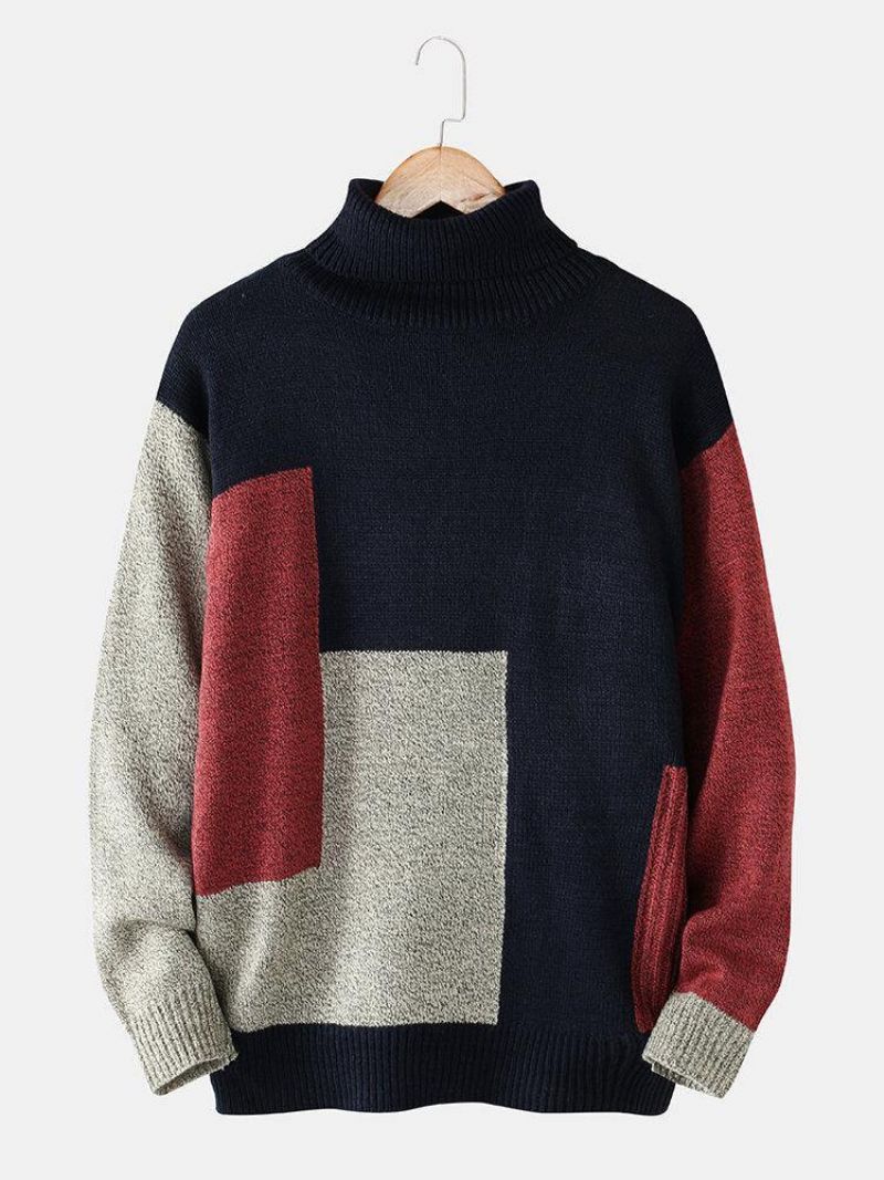 Mænds Farveblok Rullekrave Strik Rib Casual Pullover Trøjer