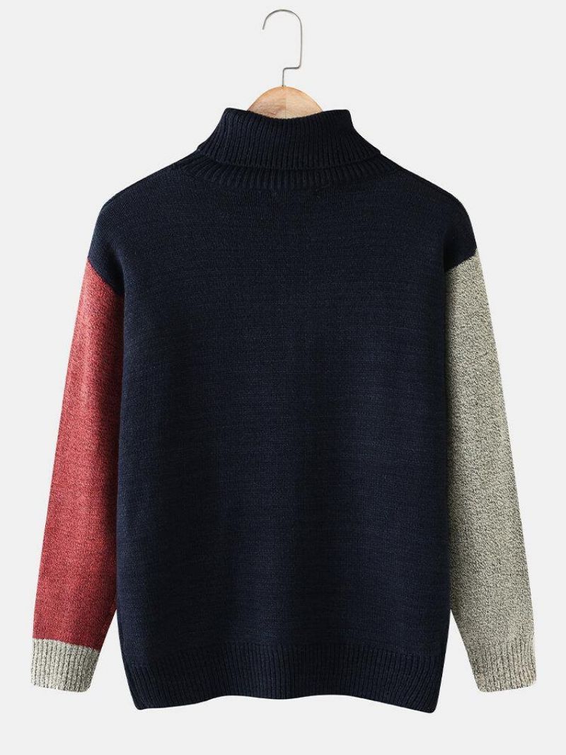 Mænds Farveblok Rullekrave Strik Rib Casual Pullover Trøjer