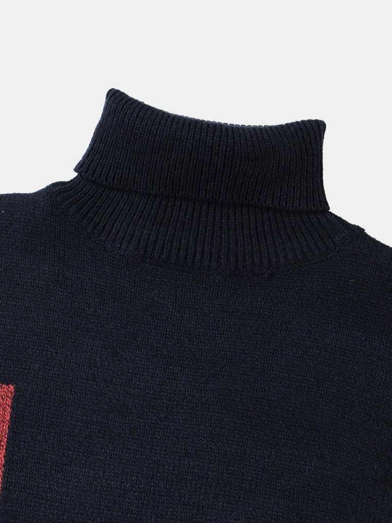 Mænds Farveblok Rullekrave Strik Rib Casual Pullover Trøjer