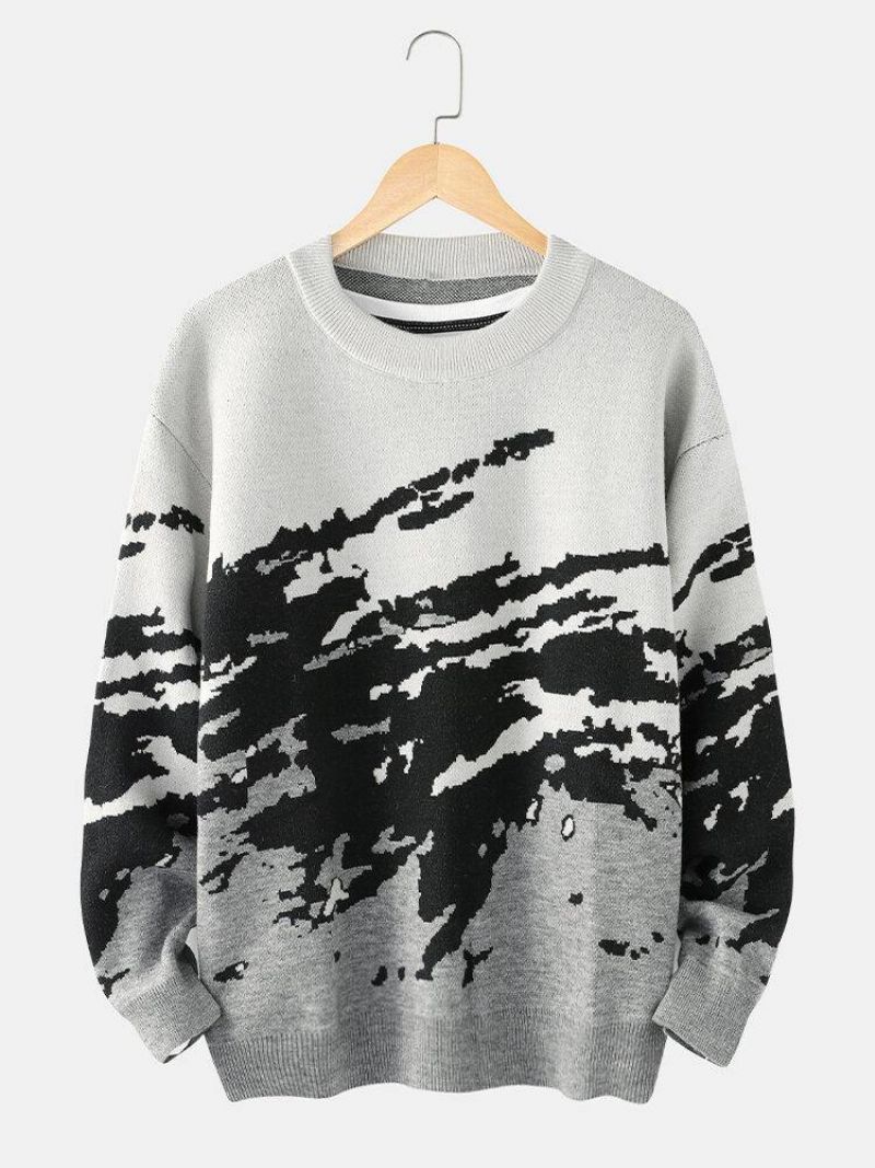 Mænds Ribstrikkede Mønster Drop Shoulder Casual Pullover-Trøjer