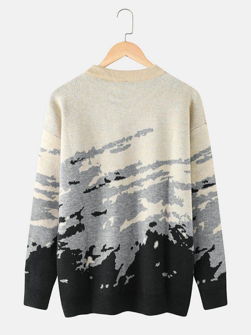 Mænds Ribstrikkede Mønster Drop Shoulder Casual Pullover-Trøjer