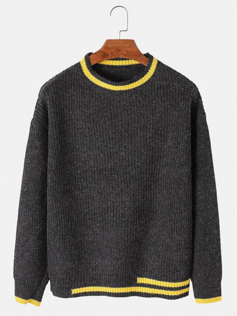 Mænds Tyk Kontrastfarve Rund Hals Strikket Varm Regular Fit Sweater