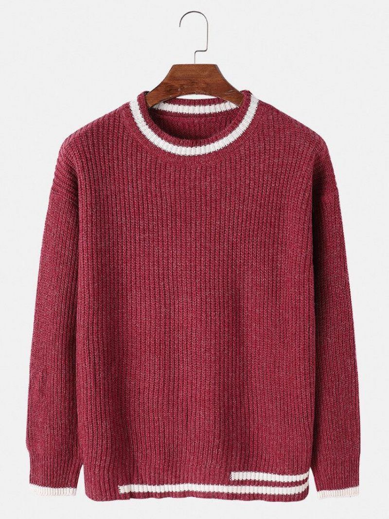 Mænds Tyk Kontrastfarve Rund Hals Strikket Varm Regular Fit Sweater