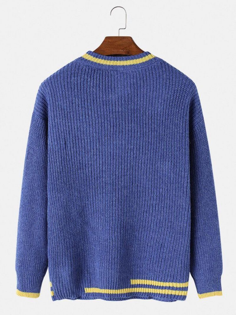 Mænds Tyk Kontrastfarve Rund Hals Strikket Varm Regular Fit Sweater