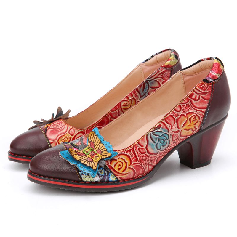 Vintage Sommerfugleprægede Blomsterlæder Splejsningssting Slip-On Chunky Heel Pumps