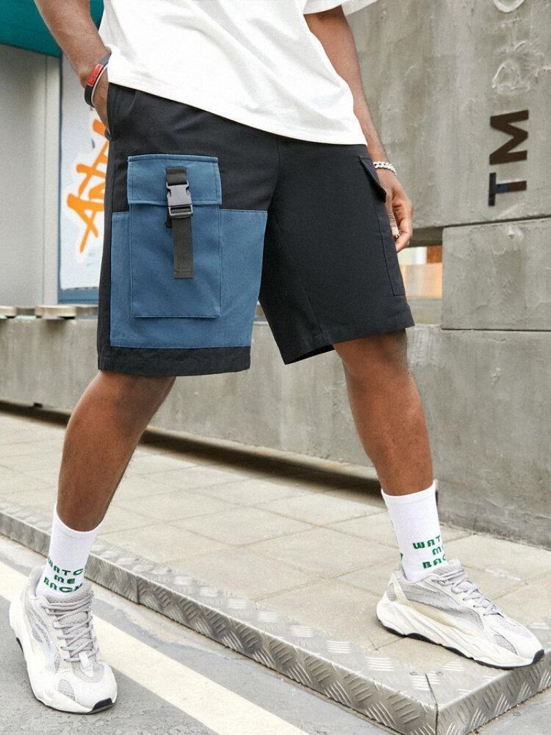 Mænds Casual Big Pocket 100 % Bomuld Color Block Cargo Shorts