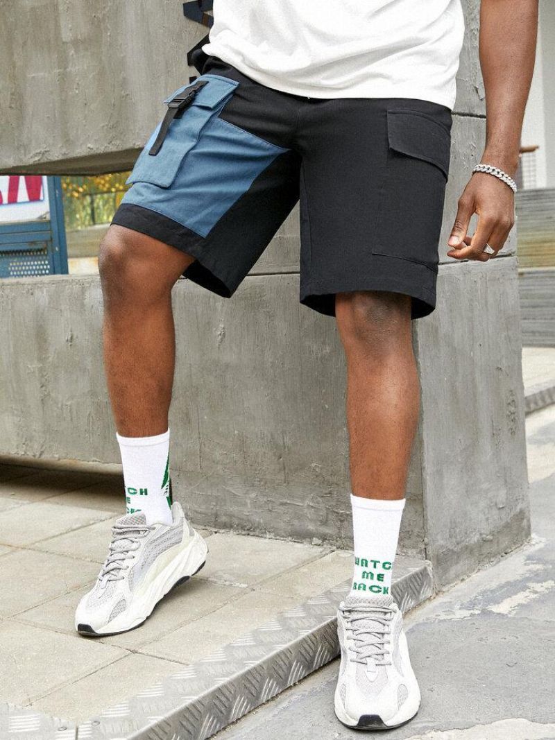 Mænds Casual Big Pocket 100 % Bomuld Color Block Cargo Shorts