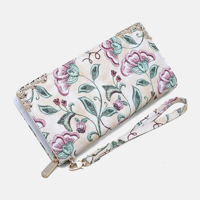 Kvinder Pu Læder Blomsterbroderi Mønster Clutch Pung Med Stor Kapacitet Kortholder Tegnebog