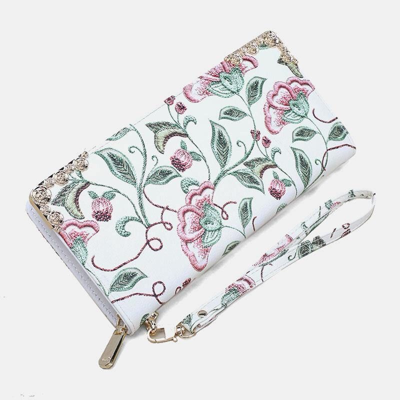 Kvinder Pu Læder Blomsterbroderi Mønster Clutch Pung Med Stor Kapacitet Kortholder Tegnebog