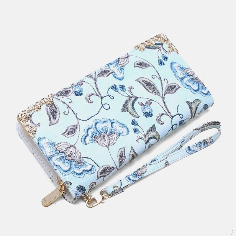 Kvinder Pu Læder Blomsterbroderi Mønster Clutch Pung Med Stor Kapacitet Kortholder Tegnebog