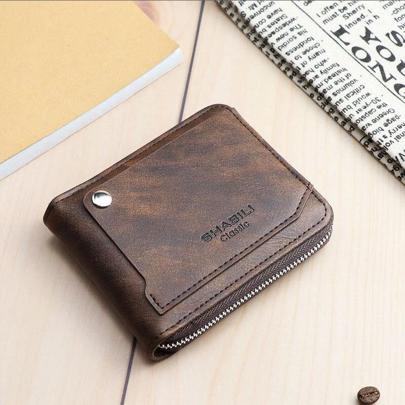 Mænd Kunstlæder Retro Klassisk Draw Card Slot Bifold Zipepr Card Holder Wallet