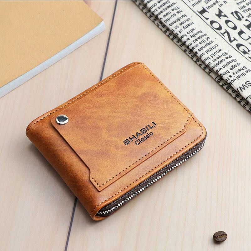 Mænd Kunstlæder Retro Klassisk Draw Card Slot Bifold Zipepr Card Holder Wallet