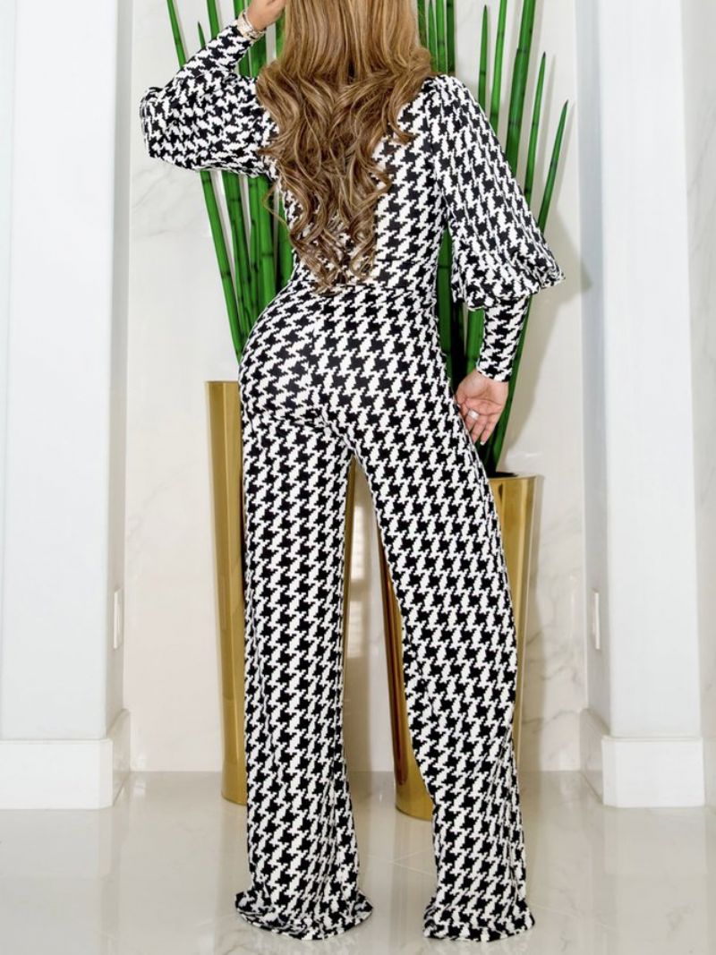 Urban Lantern Sleeve Houndstooth Halv Åben Krave Jumpsuit