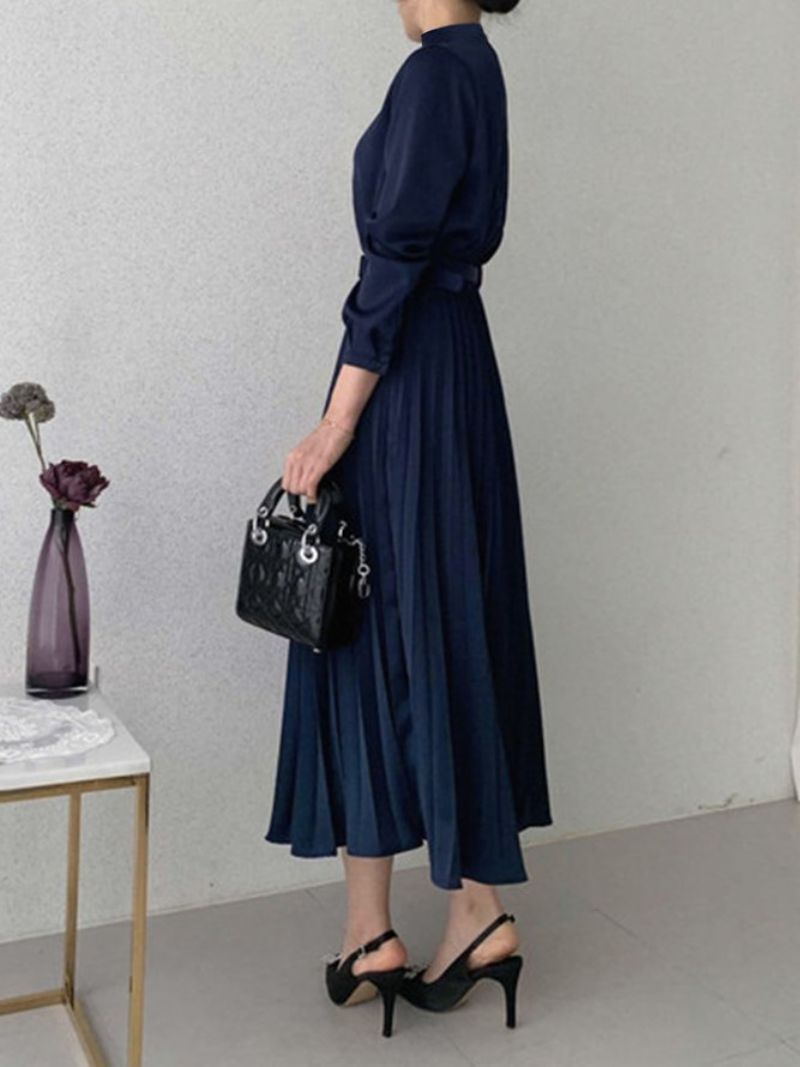 Daglig Langærmet Regular Fit Plain Stand Collar Dress