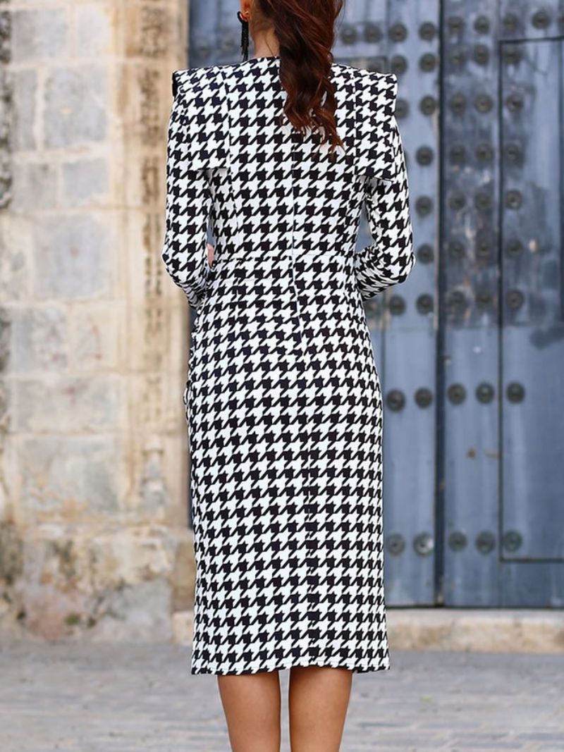 Elegant Houndstooth Regular Fit-Kjole Med V-Hals