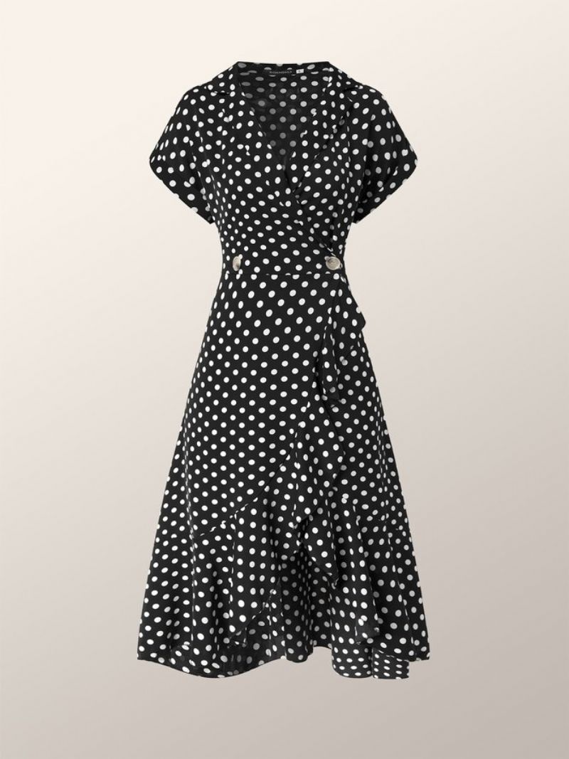 Elegant Polka Dots Lapel Date Kortærmet Kjole