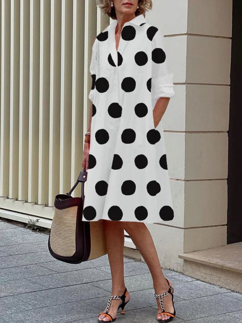 Langærmet Skjortekrave Polka Dots Regular Fit Kjole